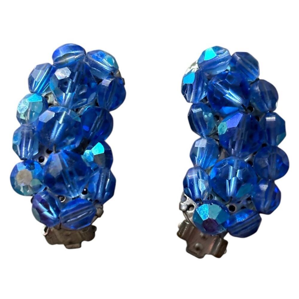 Blue Glass AB Crystal Wired Bead Clip On Climber Earrings Vintage Mid Century